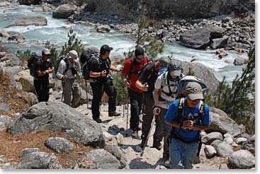 Trekking by the Dudh Kosi River on our way to Namche