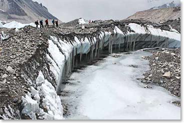 Trekking over glacial moraine on our way to Base Camp