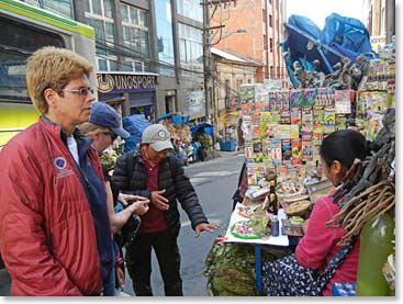 Stopping at the witches market, a popular spot in the streets of Bolivia