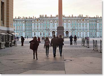 Entering palace square past Alexander monument