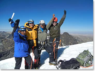Micheline with her climbing team on the summit of Pequeno Alpamayo in Bolivia a few weeks ago –  she has been busy!