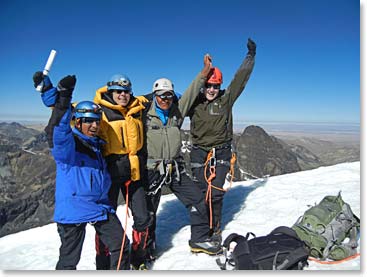 Micheline with her climbing team on the summit of Pequeno Alpamayo in Bolivia a few weeks ago – she has been busy!
