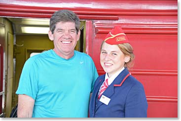 Don and the train station attendant in Moscow