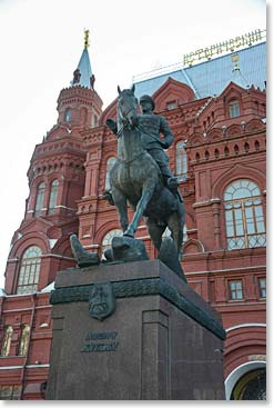 Outside the Historical Museum at Red Square is the statue of Marshal Zhukov mounted on a horse trampling a Nazi symbol. Just adjacent to this statue was where we met Larissa who stood in line on Tuesday morning to hold a place for us to go see Lenin in his Mausoleum. 