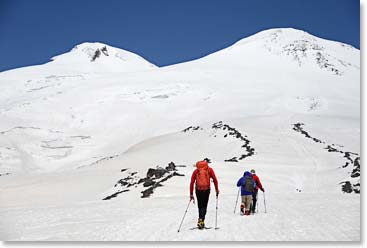 The twin summits of Elbrus were absolutely clear today as we climbed toward Priut 11.