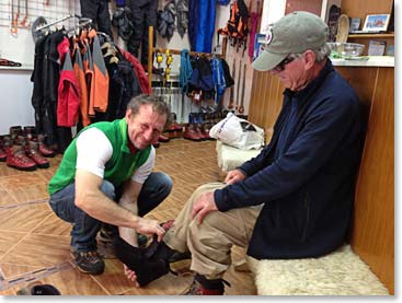Back at the mountaineering shop to find a better fitting boot for the climb