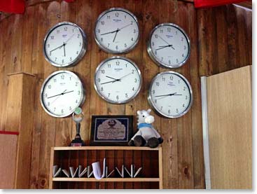 Back to our Seven Peaks Hotel. The clocks on the wall are set to the time zones for each of the Seven Summits. Maryana, who runs the front desk always gets asked why there are only 6 clocks. It is because Kilimanjaro and Elbrus are in the same time zone!