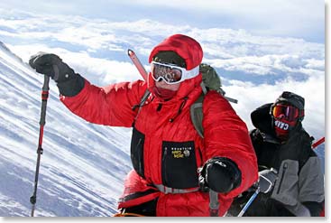 Micheline and Tom high on Elbrus.  It is amazing that Toli can identify us in the valley.  We were all goggles and face masks on the mountain!