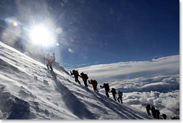 It is nice to have an objective image captured of our group climbing on the long Elbrus summit morning.