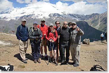 The team with their goal behind them: Mount Elbrus towering at 18,586ft/5,665m