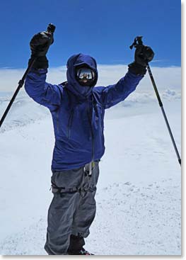 Leslie enjoying the perfectly clear summit day