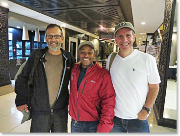 At 3:30 am August 3. Hugo and Edward were on the Turkish Airlines flight that arrives at Kilimanjaro International Airport at 1:30 AM! Arnold was waiting for them and brought them to the hotel. Hugo flew in from his home in Brazil and Edward from Malta. The hotel was very welcoming and they allowed the guys to check in very early - in the middle of the night basically.