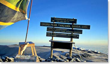 The iconic crooked weathered beaten wood summit sign of Kilimanjaro until 2012.
