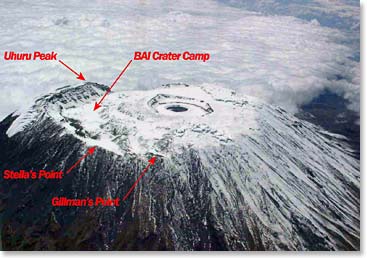 A photo of the teams summit day. They started at Gillman’s point, traversed to Stella and onto the summit at Uhuru Peak. They will be spending  a night at BAI crater camp.