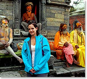 Bonnie with the Holy men at Pashupatinath Temple