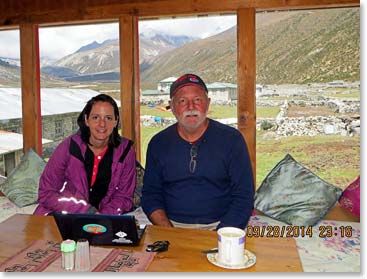 Rich and Bonnie at the Sunroom in Pheriche drinking an afternoon tea