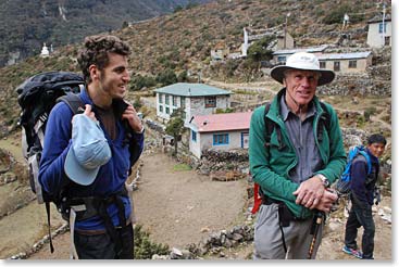 Along the trail we ran across an old friend, Peter Hillary, who is trekking with his son Michael.