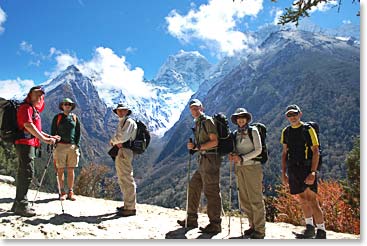 The group on the trail, with Kangtega rising above them