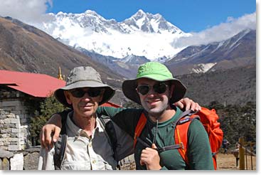 Frank and Travis, with the highest mountain in the world, Everest on the left and the 4th highest, Lhotse, on the right
