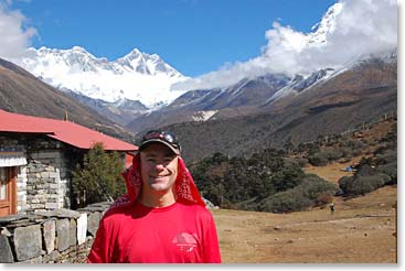 Bob with the big peaks behind him. That is Ama Dablam in the clouds on the right.