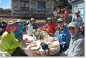 Lunch in the sun at Tangboche 
