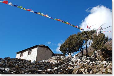 Typical Sherpa house with Prayer Flags in Pangboche