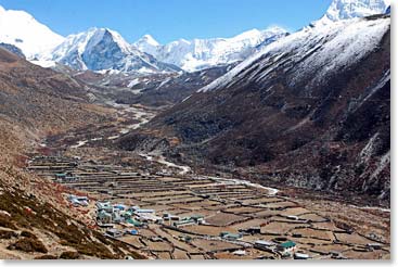 Island Peak looks striking above the village of Dingboche