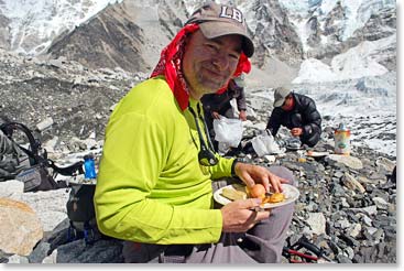 Bob enjoys a delicious lunch that our cooks brought up to Base Camp