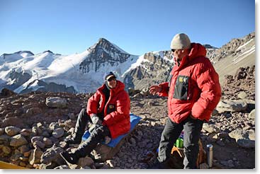 Resting at Plaza Canada in our warm down jackets