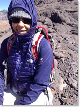 Elisa on the pass wearing her north face jacket