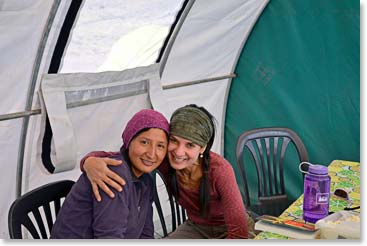 Maria and Christina hang out in the dining tent at Plaza de Mulas