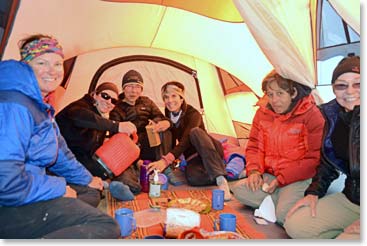 The girls hang out in Big Agnes refueling with snacks and beverages