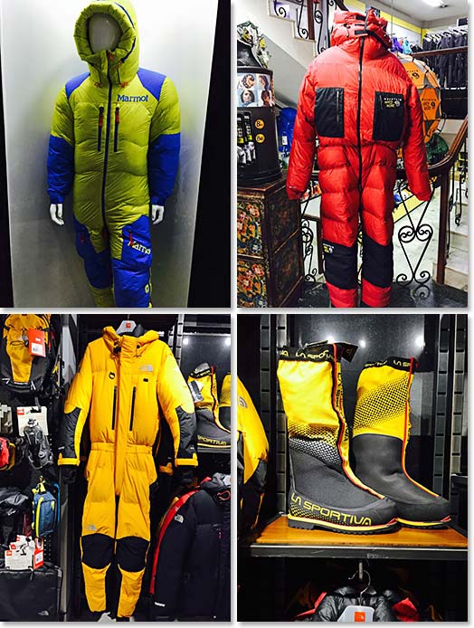 We know of no place else in the world other than Thamel where you can shop for mountaineering gear like this. These down suits are for sale in one half block section of Thamel. Try them on and take your pick.