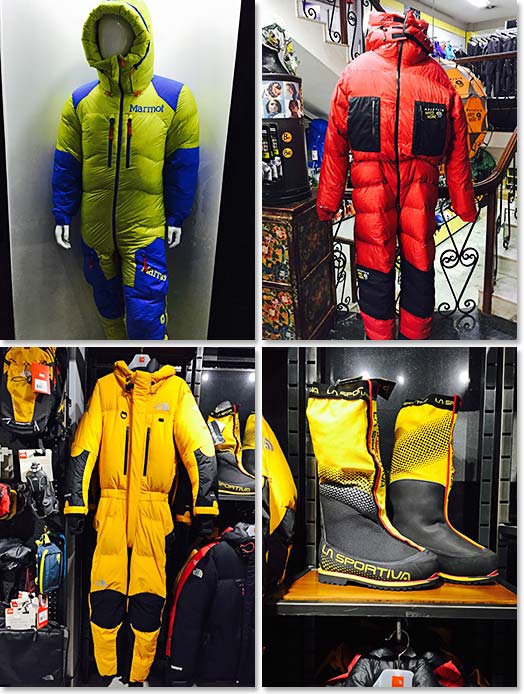 We know of no place else in the world other than Thamel where you can shop for mountaineering gear like this.  These down suits are for sale in one half block section of Thamel.  Try them on and take your pick.  