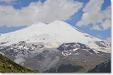 We were thrilled to have our first views of the twin summits of Mount Elbrus. Our goal is the highest of the two, The West Summit, on the left.  