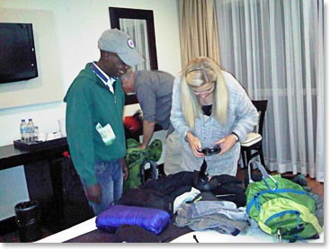 And there was time for a gear check!  After months of planning and wondering, 'do I have the right equipment?', Thomas and the guides were ready to help answer questions and get the final packing for the mountain done.   