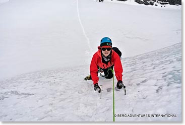 Maria climbing high on the technical terrain