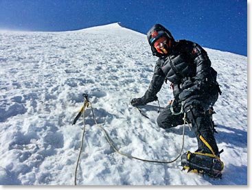 Maria Abbonizio on summit ridge of Illimani