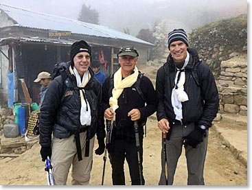 An enjoyable and inspiring day in Khunde. The Three Amigos are ready to head home to Panorama Lodge in Namche Bazaar.