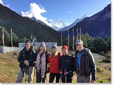 Team photo with Tenzing, Everest, Lhotse and Ama Dablam