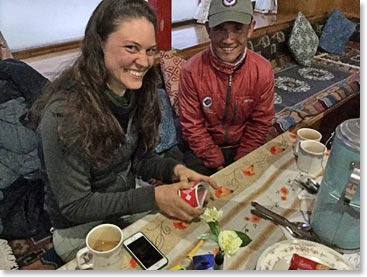 The Himalayan hotel in Pheriche, we are at 14,000 feet!  Leah and Jyeta enjoying a game of cards in our cozy lodge.