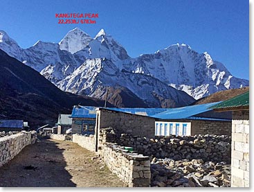 Pheriche in the morning, one of the most beautiful places in the world to wake up. Spectacular view outside Himalayan hotel this morning of Kangtega peak with morning light.