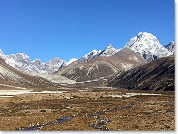 Looking up from Pheriche toward Cho Oyu and Lobuche Peak