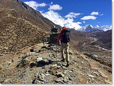 Hiking along the ridge toward Lhotse and Island Peak