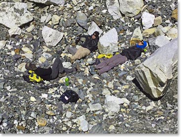The Three Amigos: Chuck, Rob and Gordon found a place to catch some zzz’s at base camp.