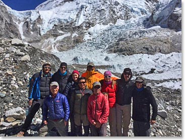 We made it!! Base camp with the wild and active Khumbu Glacier behind us.