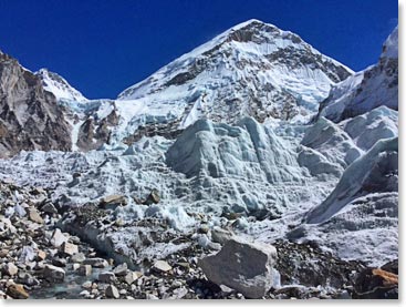 Khumbu Glacier beneath the Lho La Pass and the West Shoulder of Everest.