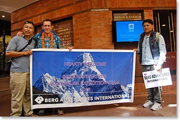 Ang Temba and Pasang greeting Brent Bishop at the Kathmandu airport