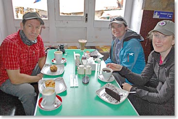 Brent, Jen and Johanna fueling on delicious coffee and sweets at Namche Bazaar