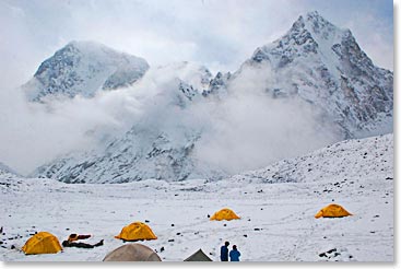 A snowy Lobuche base camp.